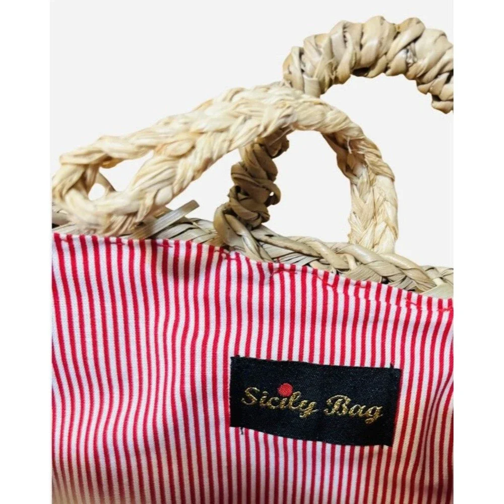 Sicily Italian Lion Head Mirror Embellished Straw Tote Basket Bag Multicolor - Picture 4 of 8
